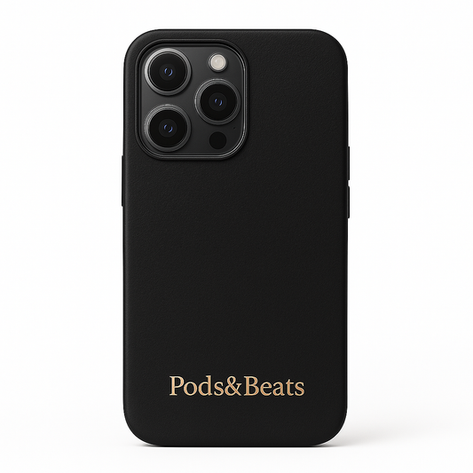 Black phone case with 'Pods&Beats' logo on a white background