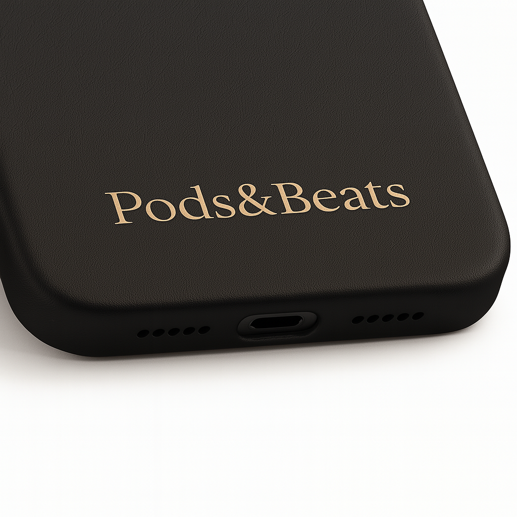 Black phone case with 'Pods&Beats' branding on a white background