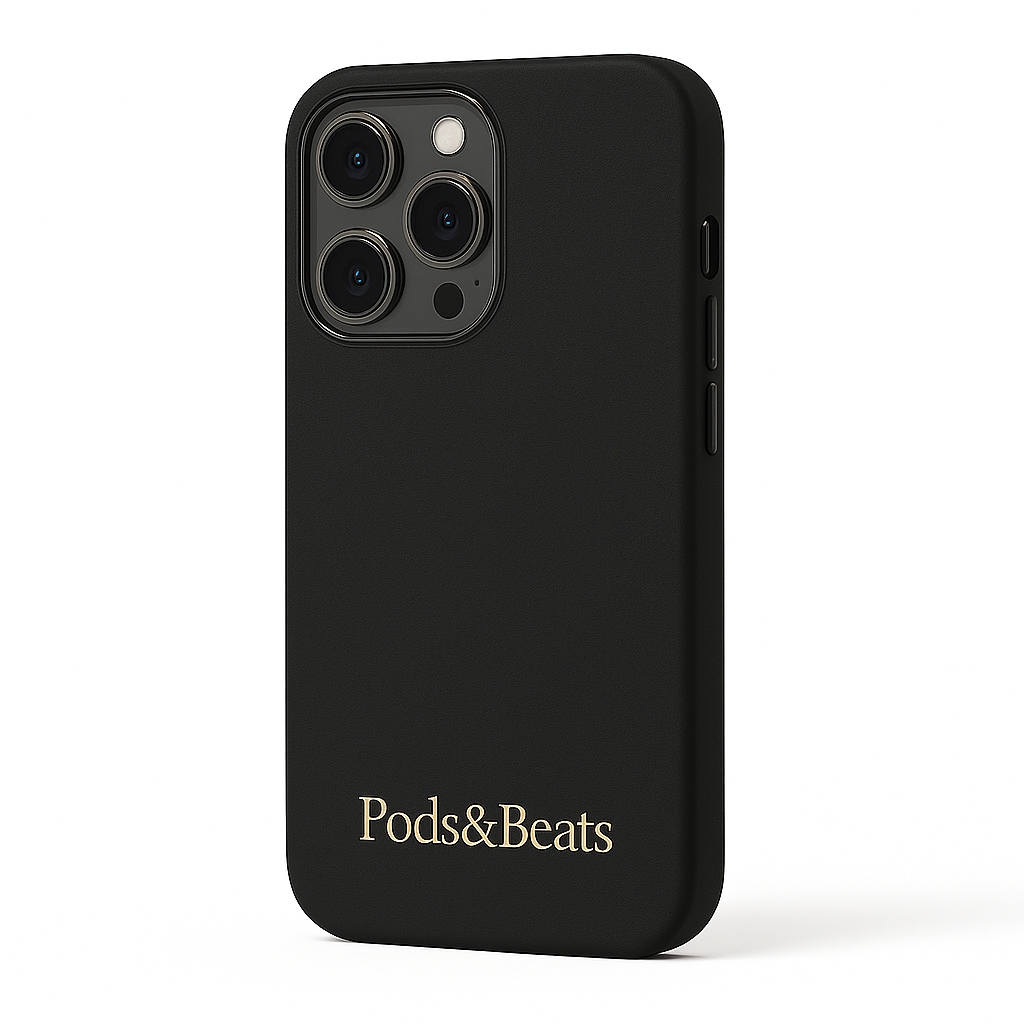 Black phone case with 'Pods&Beats' branding on a white background