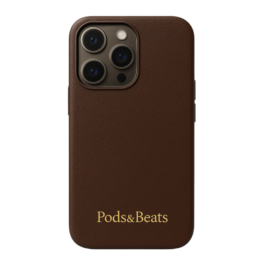 Brown phone case with 'Pods&Beats' branding on a white background