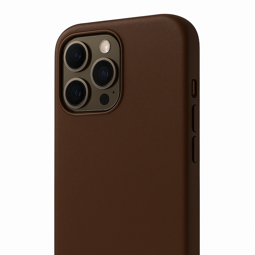 Brown phone case with camera and side view on a white background