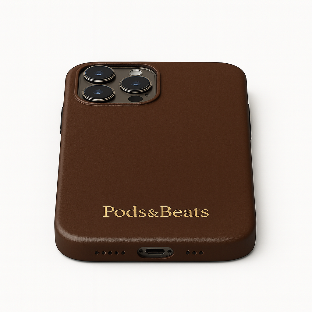 Brown phone case with 'Pods & Beats' branding on a white background