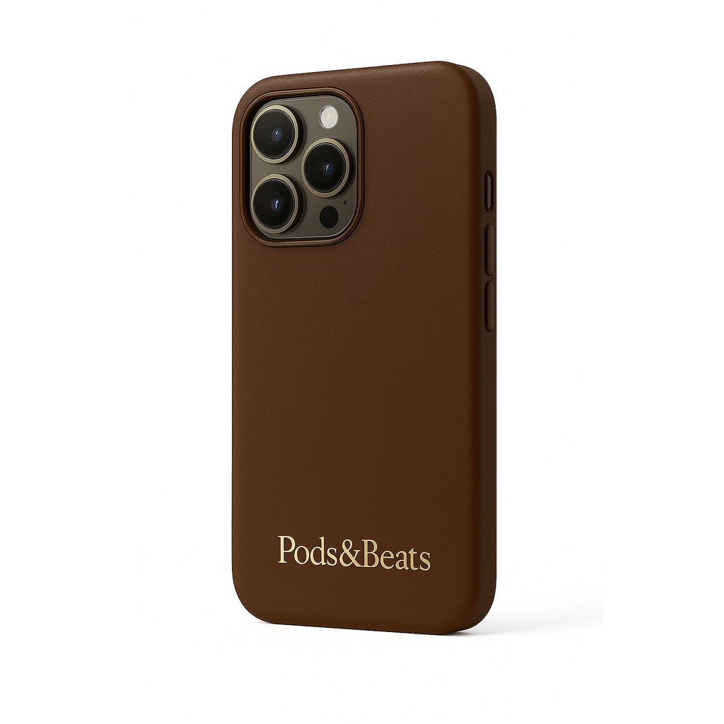 Brown phone case with 'Pods&Beats' branding on a white background
