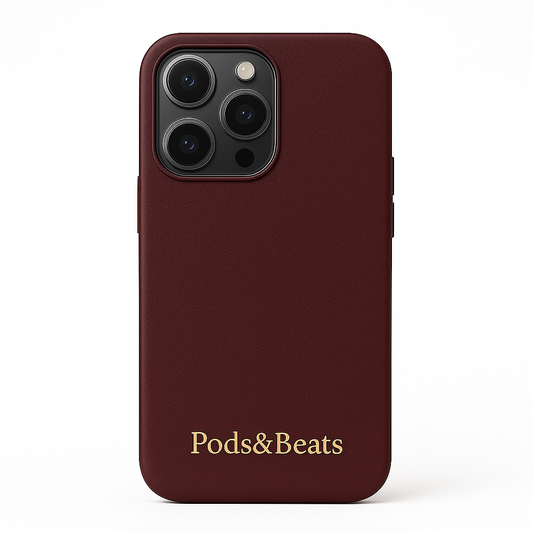 Burgundy phone case with 'Pods&Beats' logo on a white background