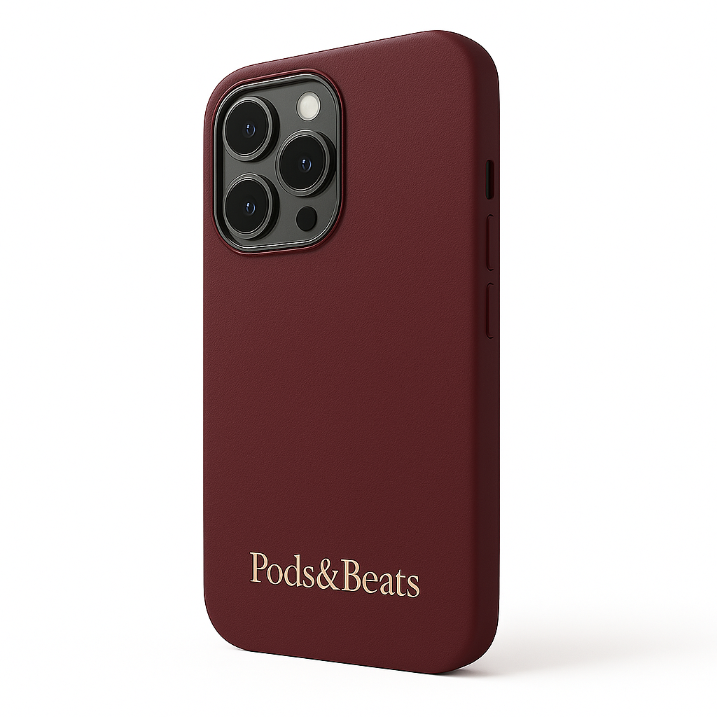 Burgundy phone case with 'Pods&Beats' branding on a white background