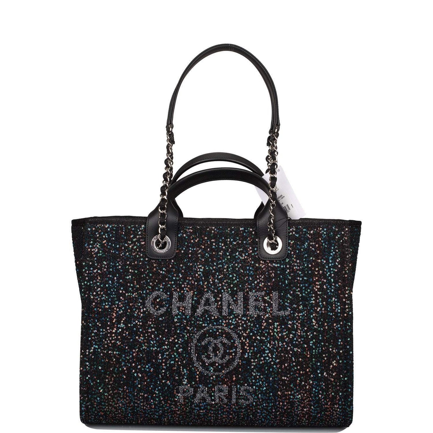 Chanel Chanel Black Canvas and Sequins Small Deauville Shopping Bag Silver Hardware product photo – Pods & Beats