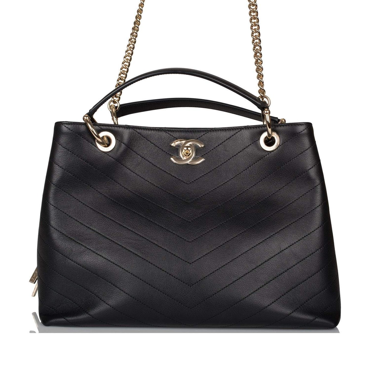Chanel Chanel Black Calfskin Chevron Chic Tote Bag Light Gold Hardware product photo – Pods & Beats