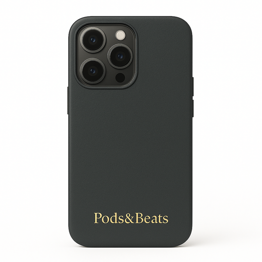 Gray phone case with 'Pods&Beats' branding on a white background