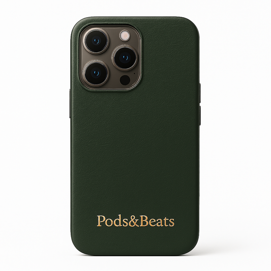 Green phone case with 'Pods&Beats' branding on a white background