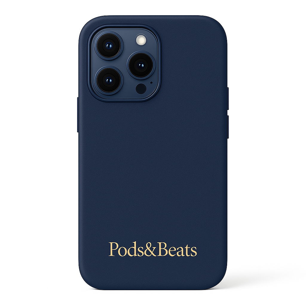 Navy phone case with 'Pods&Beats' logo on a white background
