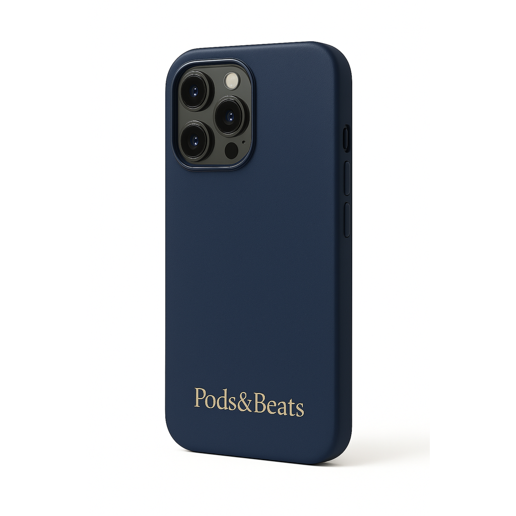 Navy blue phone case with 'Pods&Beats' branding on a white background
