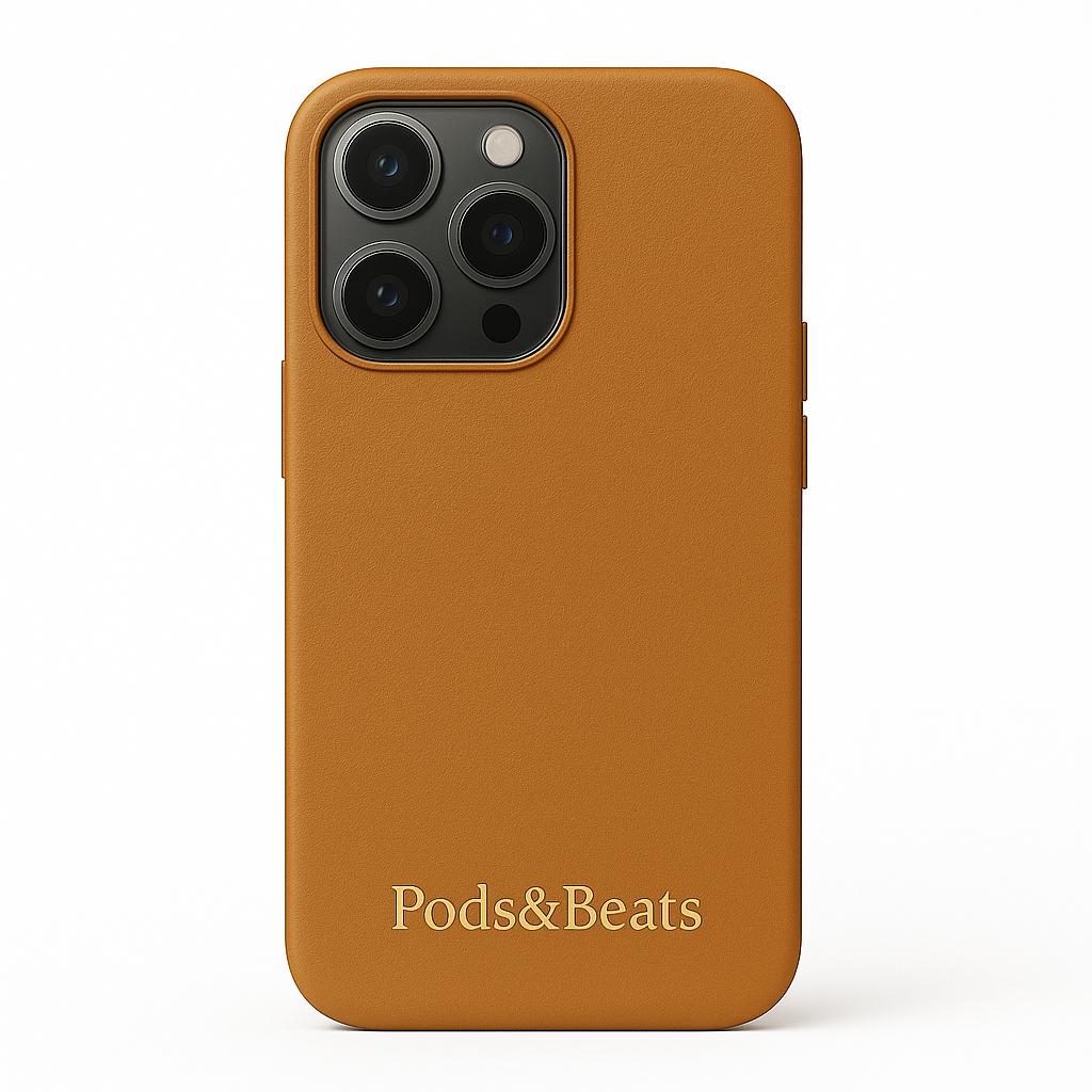 Tan phone case with 'Pods&Beats' branding on a white background