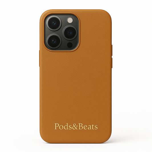Tan phone case with 'Pods&Beats' branding on a white background