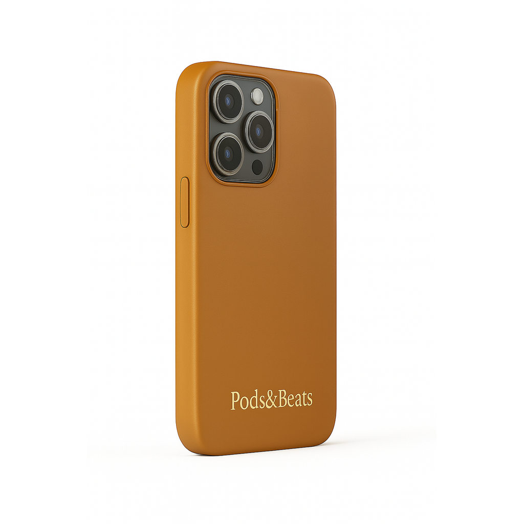 Tan phone case with 'Pods&Beats' branding on a white background