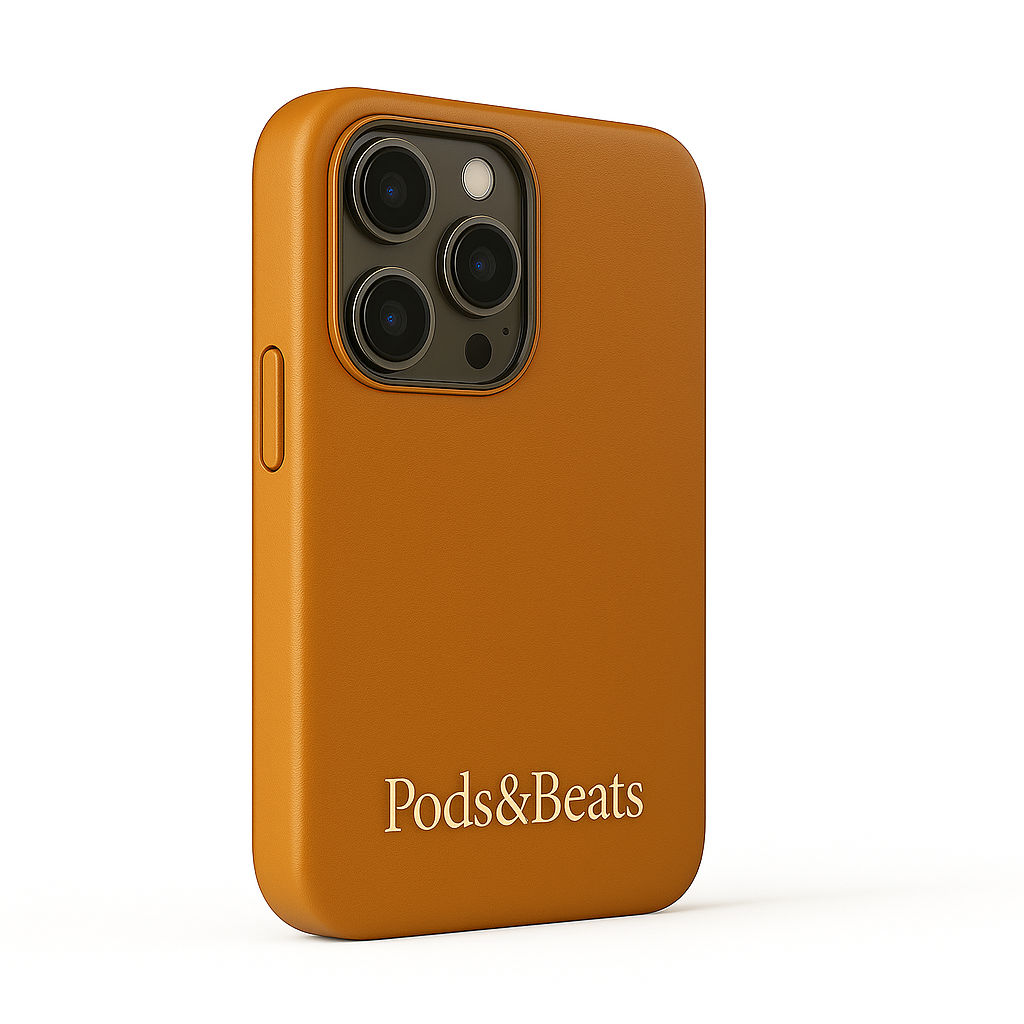 Tan phone case with 'Pods&Beats' branding on a white background