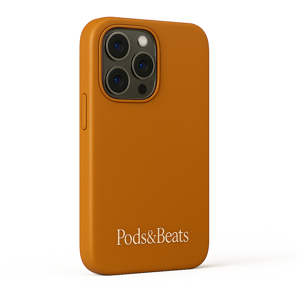Tan phone case with 'Pods&Beats' branding on a white background