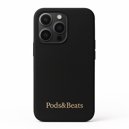 Black phone case with 'Pods&Beats' logo on a white background