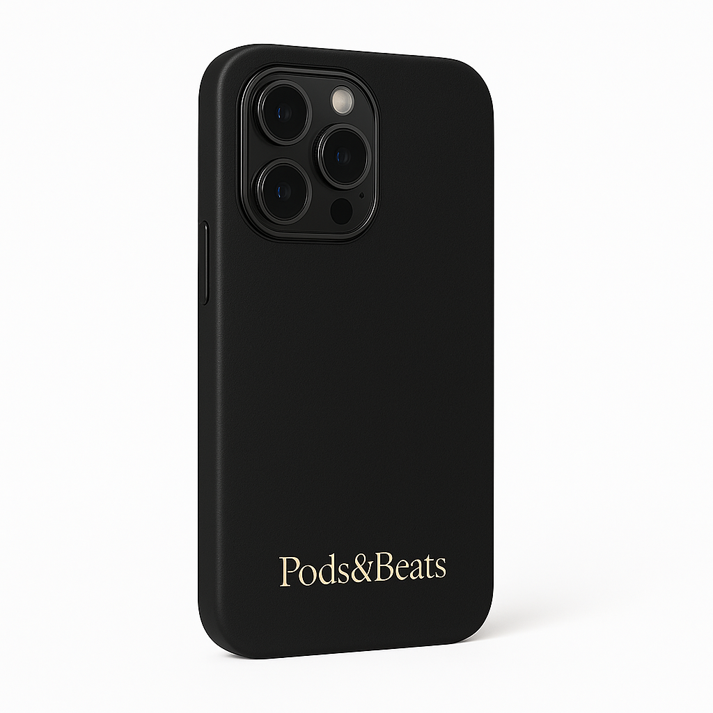 Black phone case with 'Pods&Beats' branding on a white background