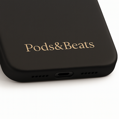 Black phone case with 'Pods&Beats' branding on a white background