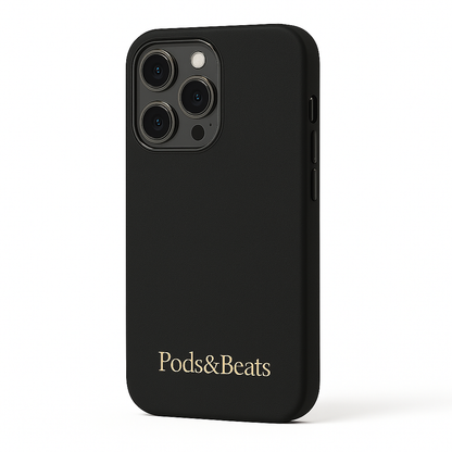Black phone case with 'Pods&Beats' branding on a white background
