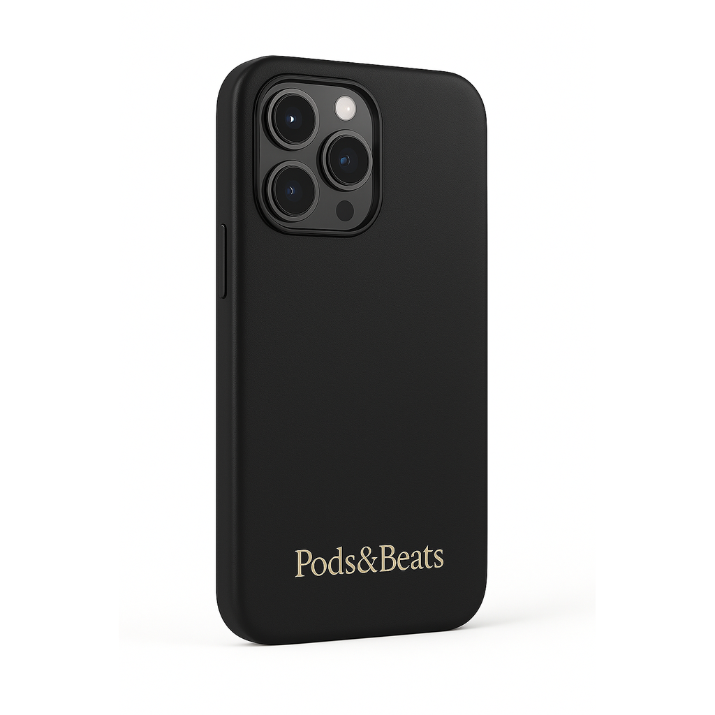 Black phone case with 'Pods&Beats' logo on a white background