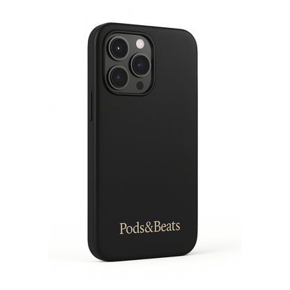 Black phone case with 'Pods&Beats' logo on a white background