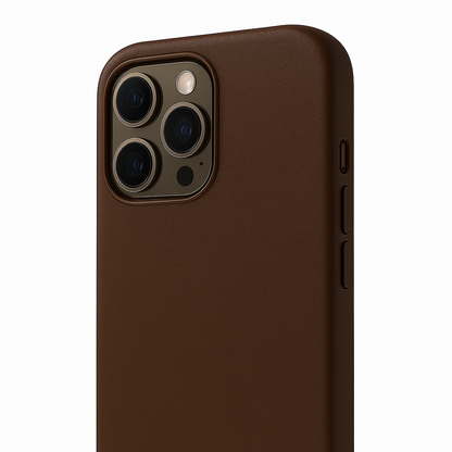 Brown phone case with camera and side view on a white background
