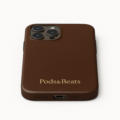 Brown phone case with 'Pods & Beats' branding on a white background