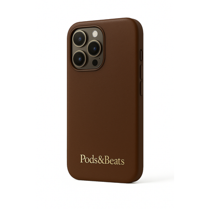 Brown phone case with 'Pods&Beats' branding on a white background