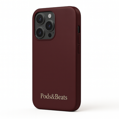 Burgundy phone case with 'Pods&Beats' branding on a white background