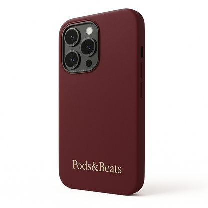 Burgundy phone case with 'Pods&Beats' branding on a white background