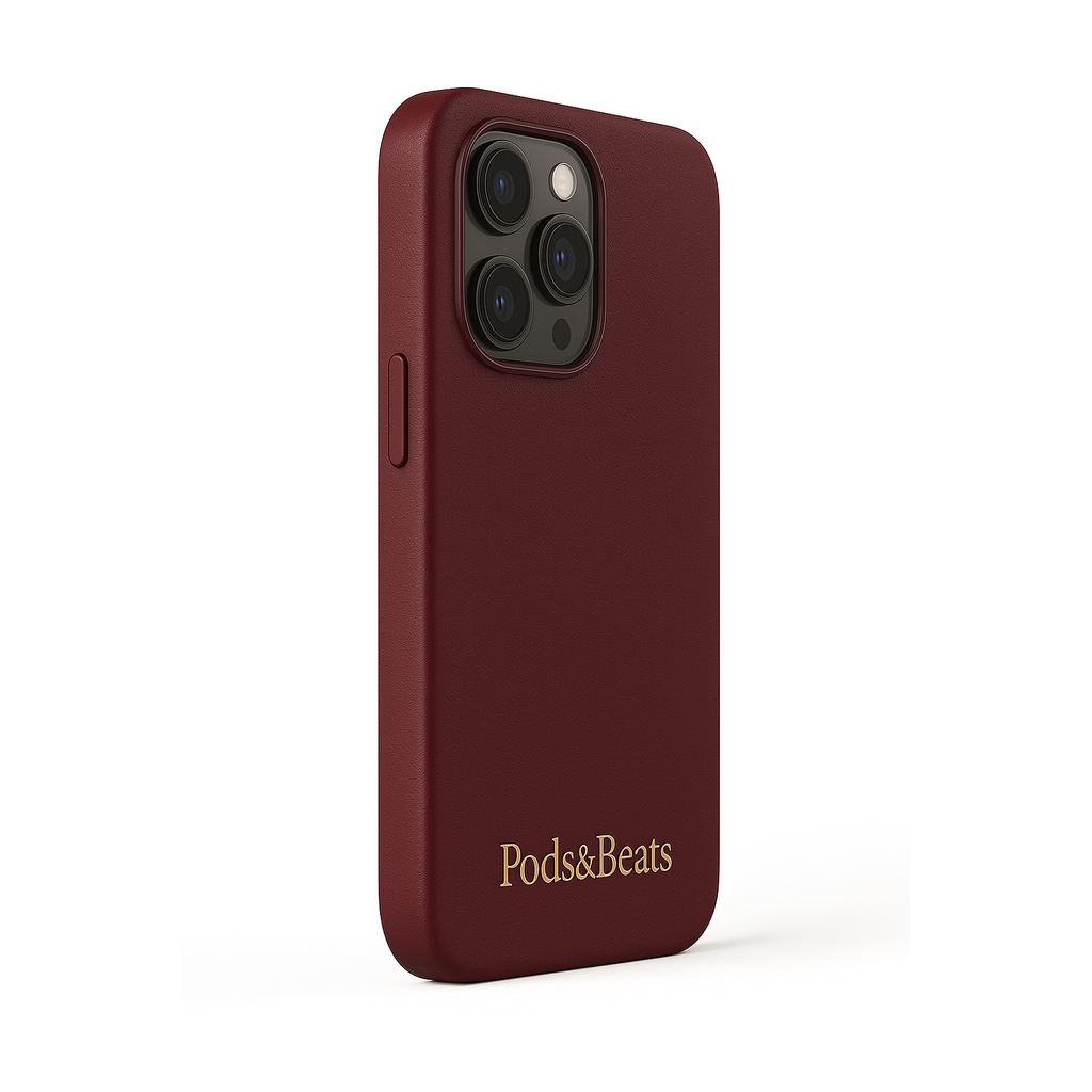 Burgundy phone case with 'Pods&Beats' branding on a white background