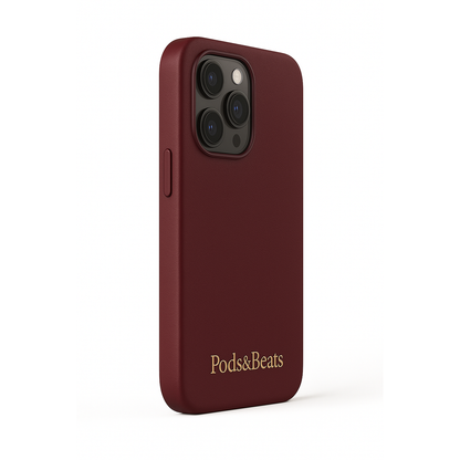 Burgundy phone case with 'Pods&Beats' branding on a white background