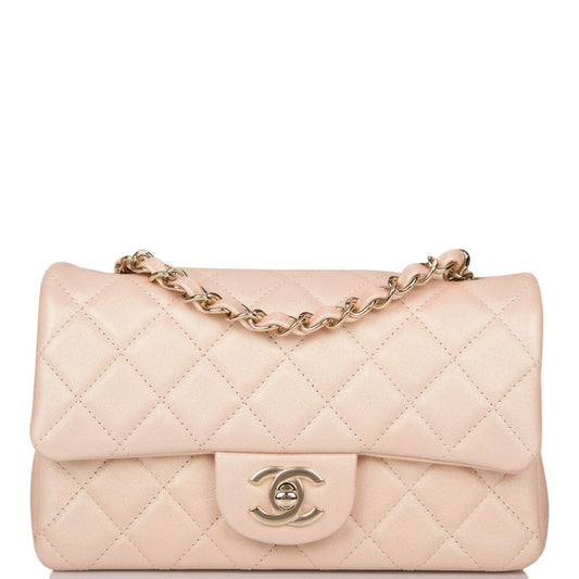 Chanel Chanel Beige Iridescent Quilted Lambskin Rectangular Mini Classic Flap Bag Light Gold Hardware product photo – Po