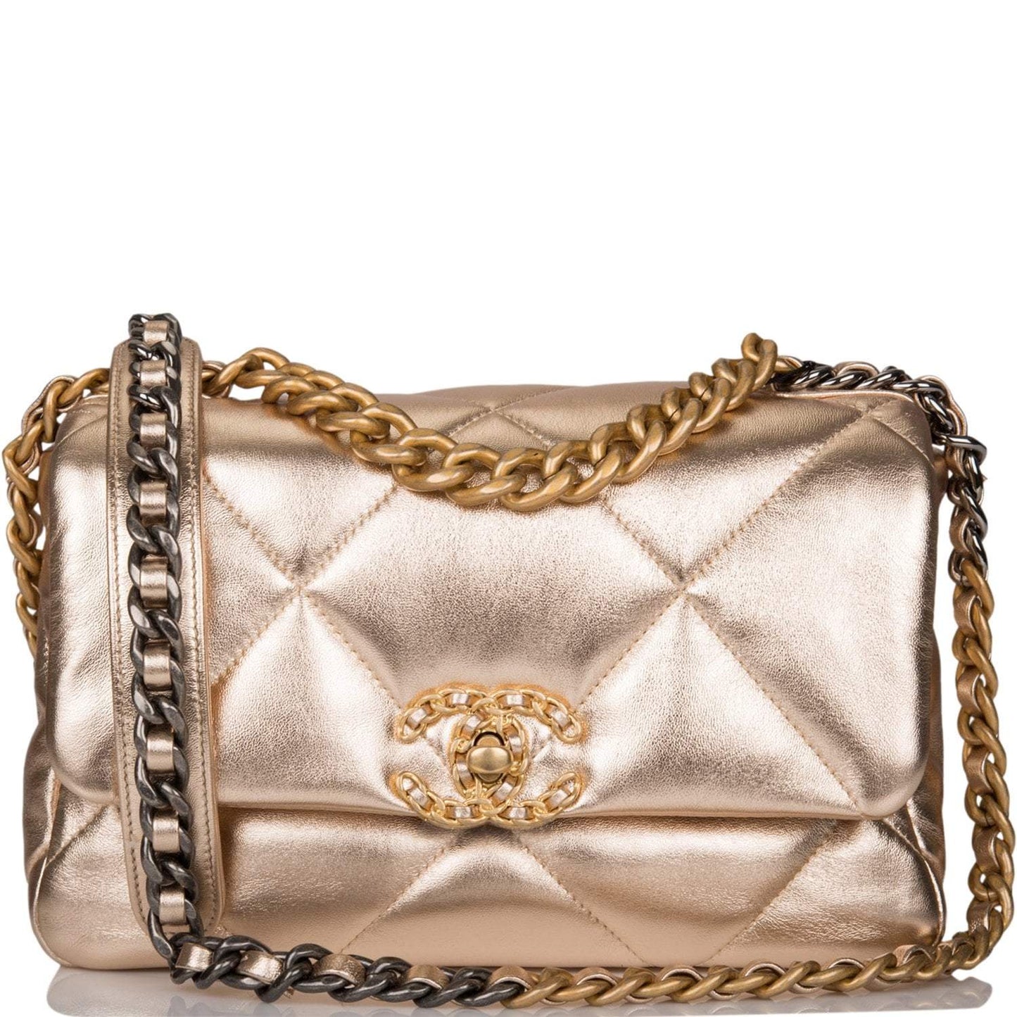 Chanel Chanel Gold Metallic Quilted Lambskin Medium 19 Flap Bag Mixed Hardware product photo – Pods & Beats