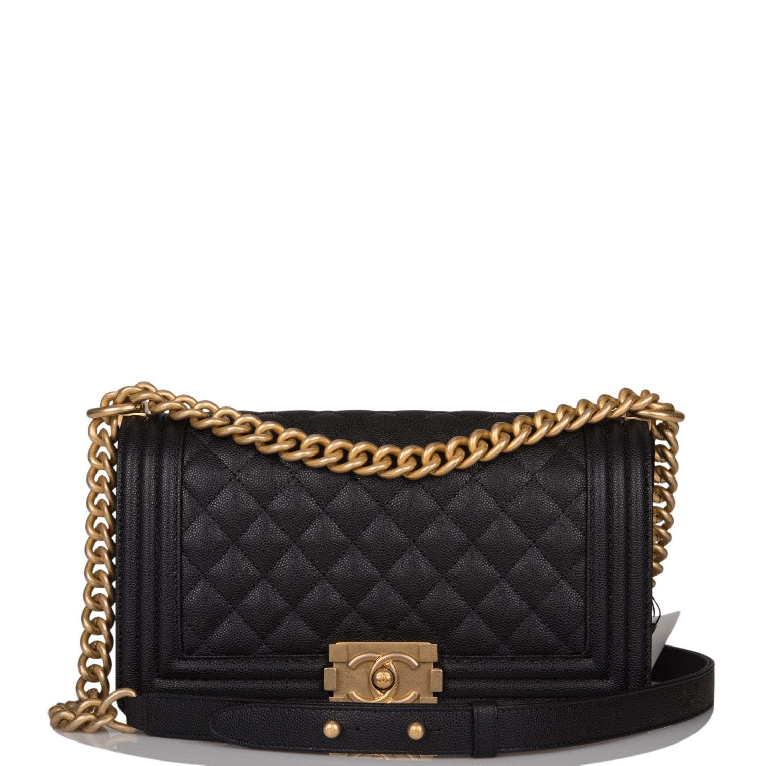 Chanel Chanel Black Quilted Caviar Medium Boy Bag Antique Gold Hardware product photo – Pods & Beats