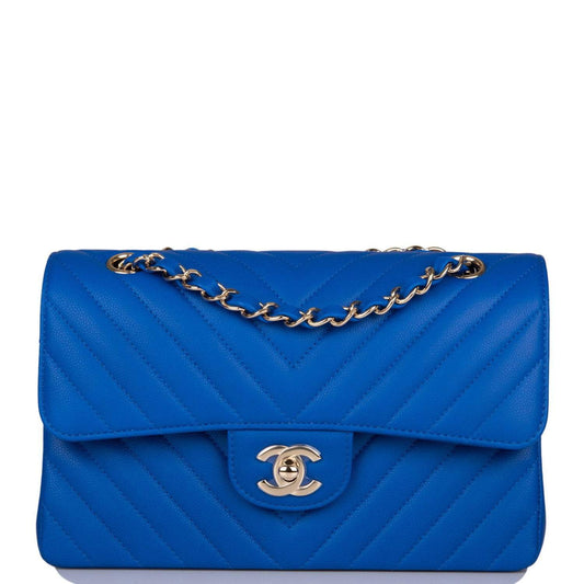 Chanel Chanel Blue Chevron Caviar Small Classic Double Flap Bag Light Gold Hardware product photo – Pods & Beats