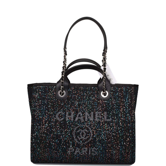 Chanel Chanel Black Canvas and Sequins Small Deauville Shopping Bag Silver Hardware product photo – Pods & Beats