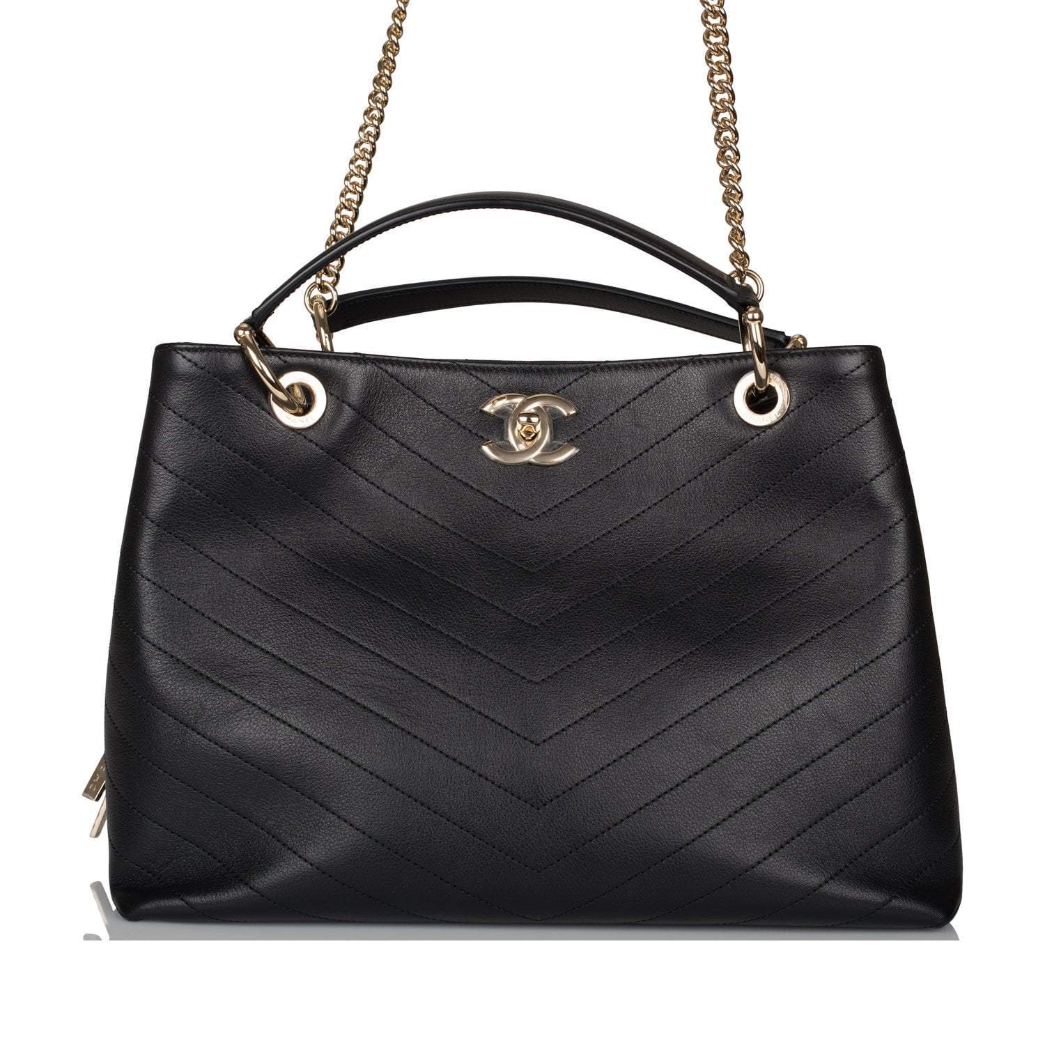Chanel Chanel Black Calfskin Chevron Chic Tote Bag Light Gold Hardware product photo – Pods & Beats