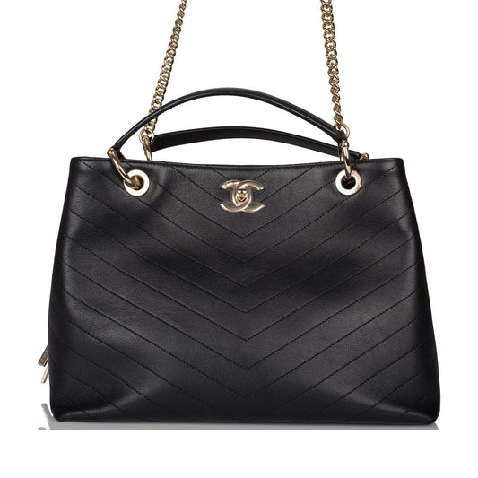 Chanel Chanel Black Calfskin Chevron Chic Tote Bag Light Gold Hardware product photo – Pods & Beats