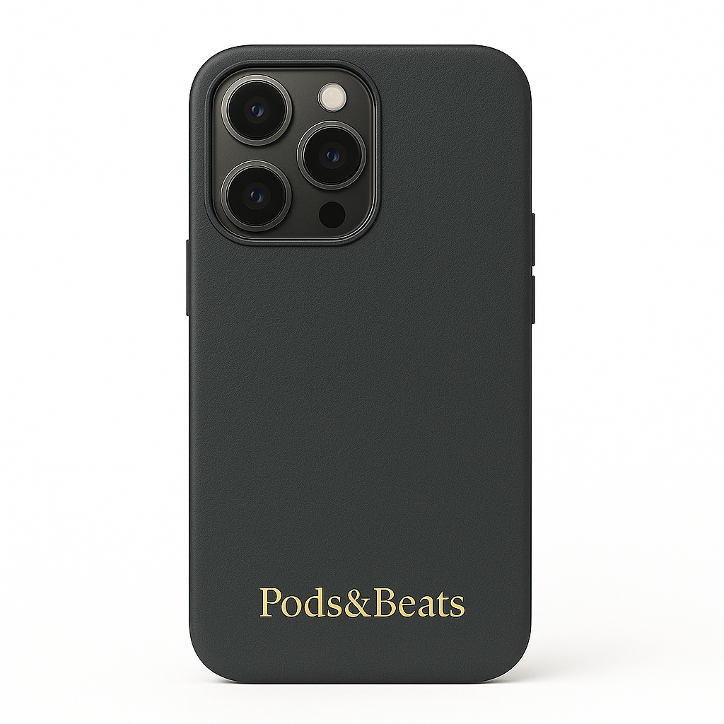 Gray phone case with 'Pods&Beats' branding on a white background