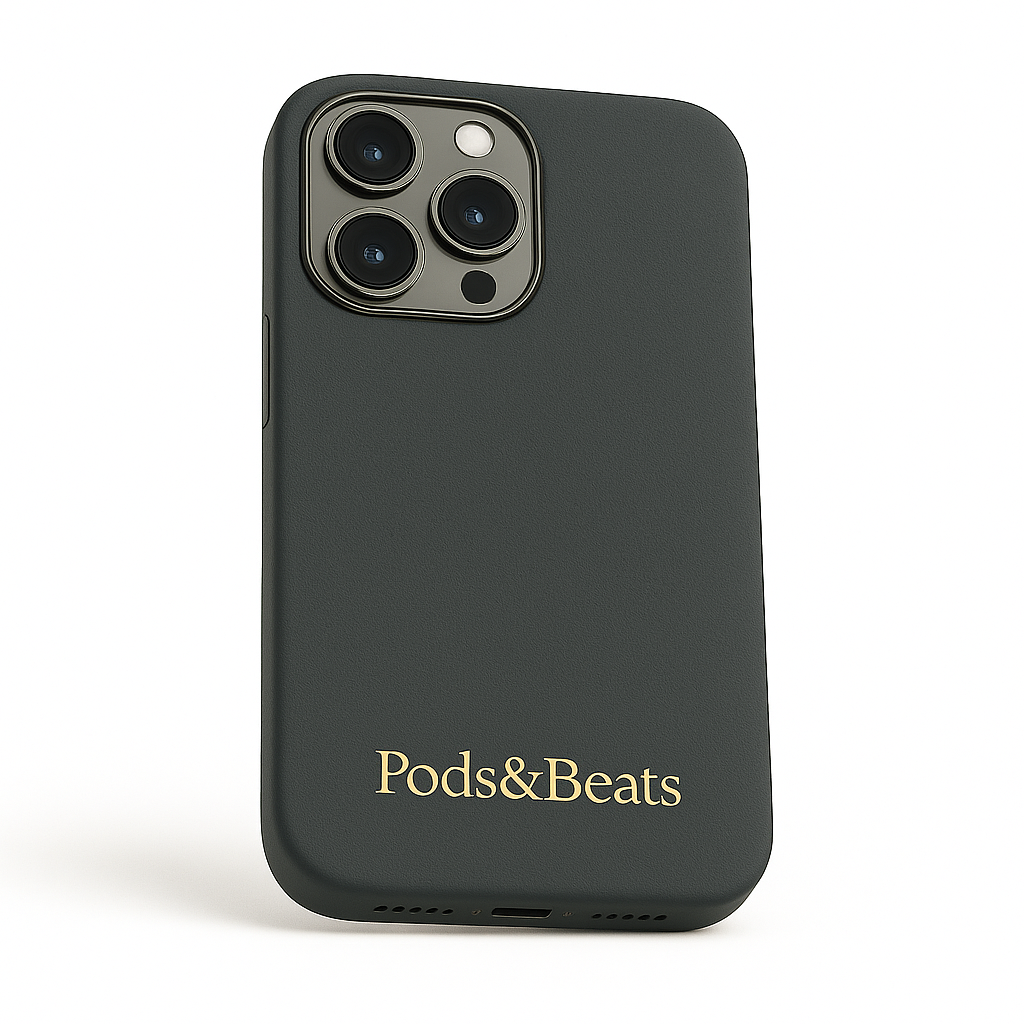 Gray phone case with 'Pods&Beats' branding on a white background