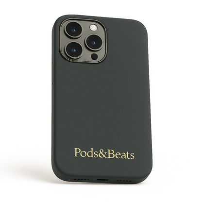 Gray phone case with 'Pods&Beats' branding on a white background