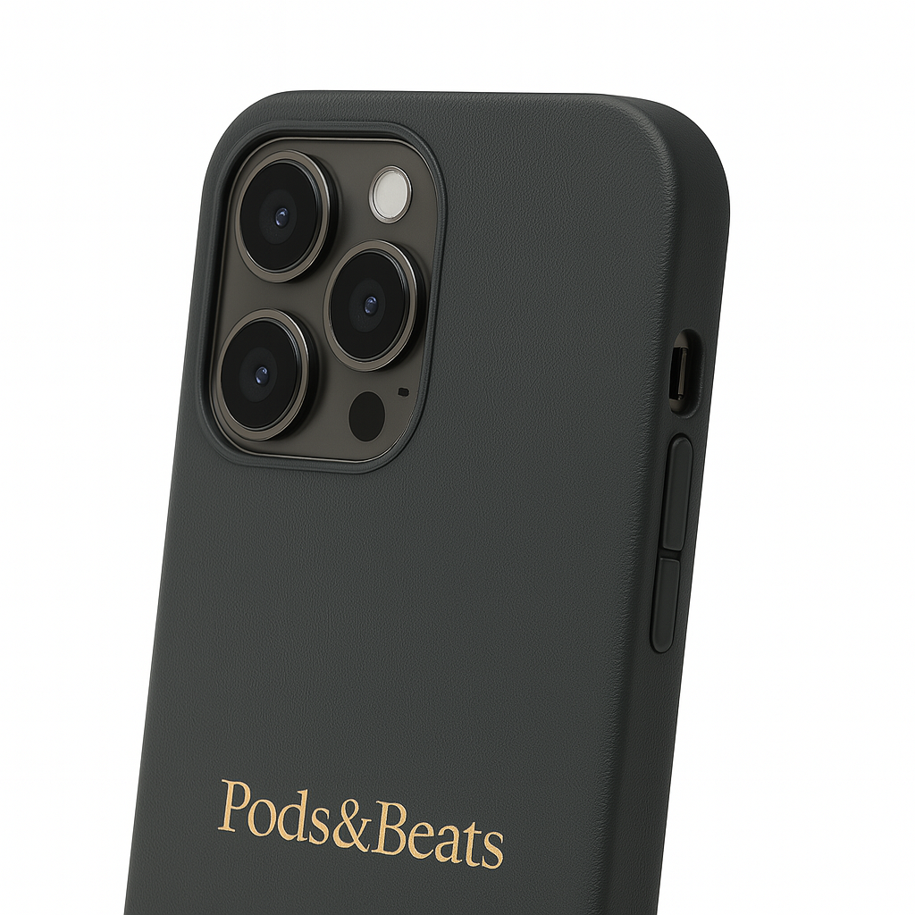 Gray phone case with 'Pods & Beats' branding on a white background