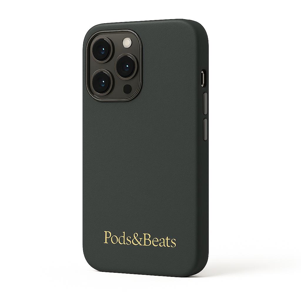 Gray phone case with 'Pods&Beats' logo on a white background