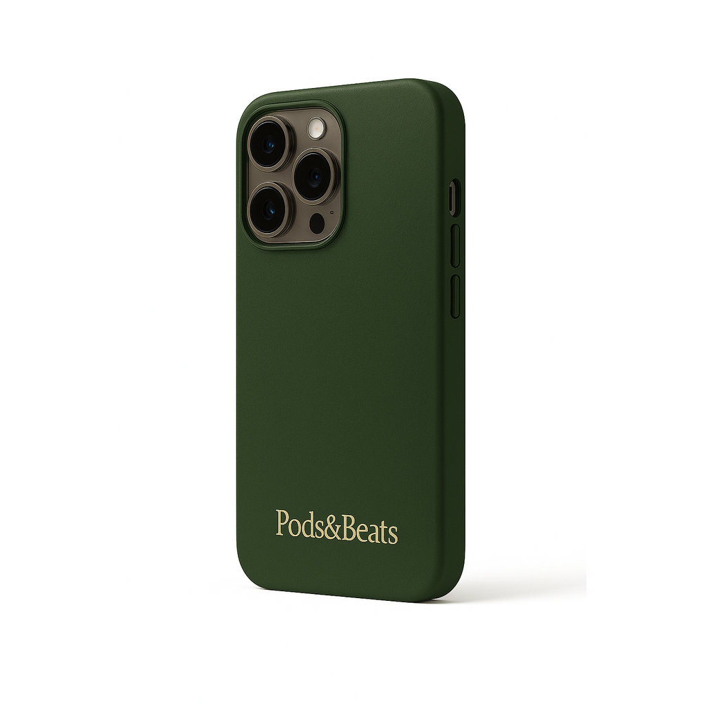 Green phone case with 'Pods&Beats' branding on a white background