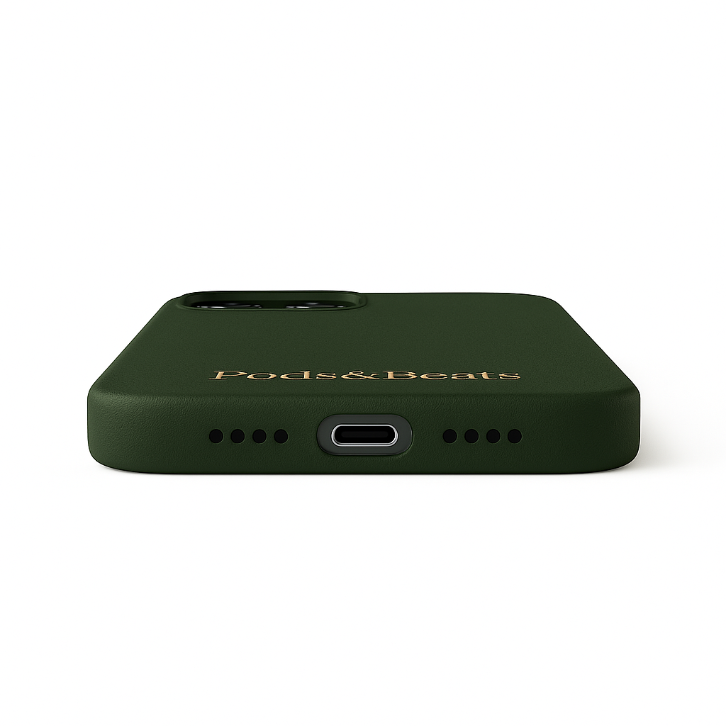 Dark green phone case with 'Pods & Beats' branding on a white background