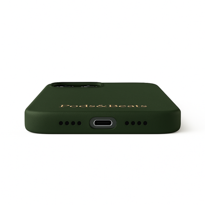 Dark green phone case with 'Pods & Beats' branding on a white background