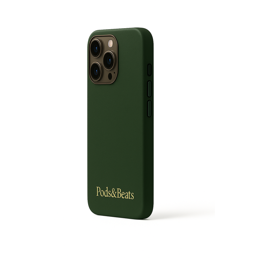 Green phone case with 'Pods&Beats' branding on a white background