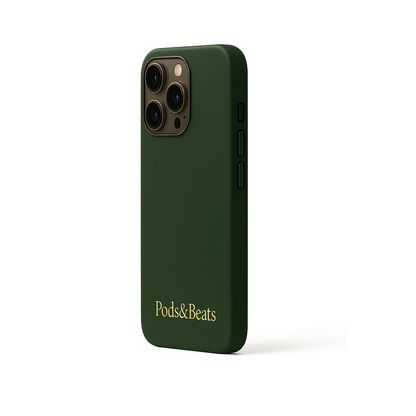 Green phone case with 'Pods&Beats' branding on a white background